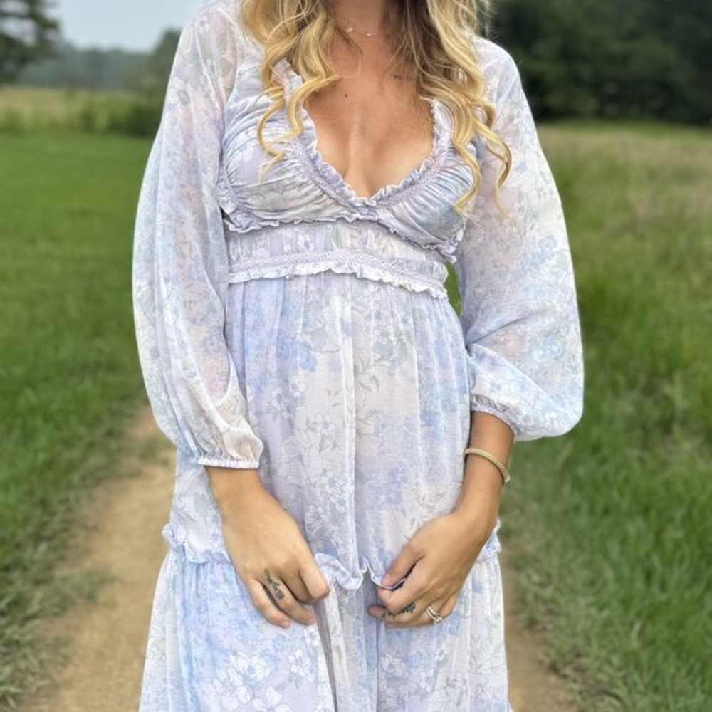 Altar'd State White and Light Blue Long Sleeve Midi Dress